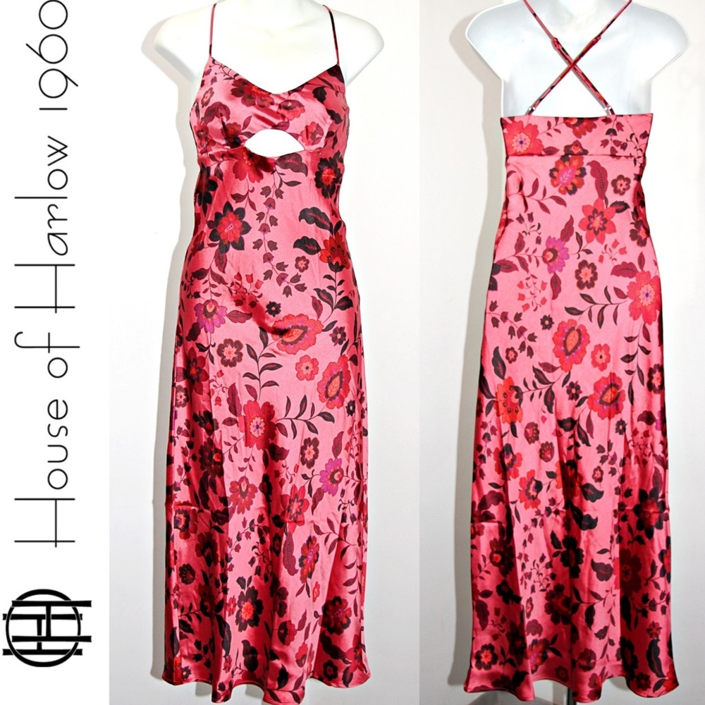 NWT House Of Harlow 1960 Satin Maxi Slip Dress in Pink Flower Multi Size L